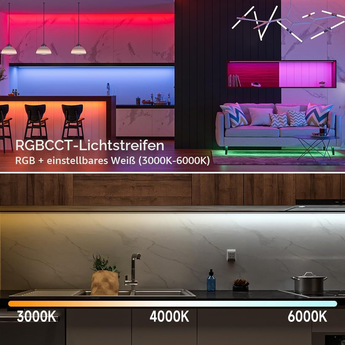 FCOB COB RGBCCT LED Streifen RGB+CCT Einstellbares Weiß 3000K-6000K 24V 5m