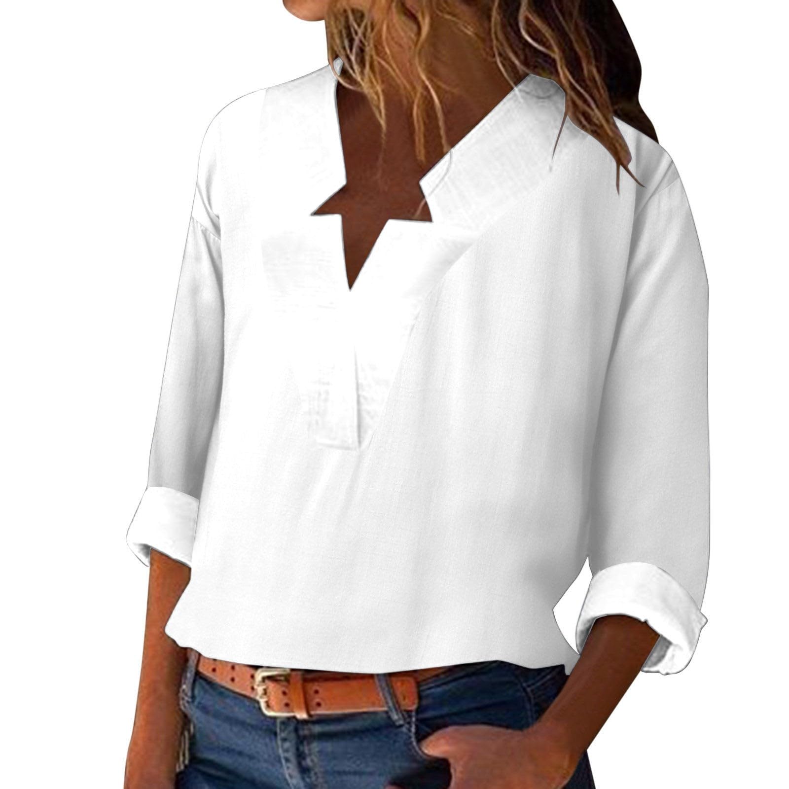 Women's Long Sleeve Cotton Linen Shirt Loose Fit Casual V Neck Tops Solid Color 2024 Trendy Summer T Shirts
