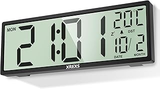 XREXS Reloj de Pared Digital de 14,5 Pulgadas, Hora, Calendario, Temperatura, Función DST, Funciona con Pilas, para Dormit...