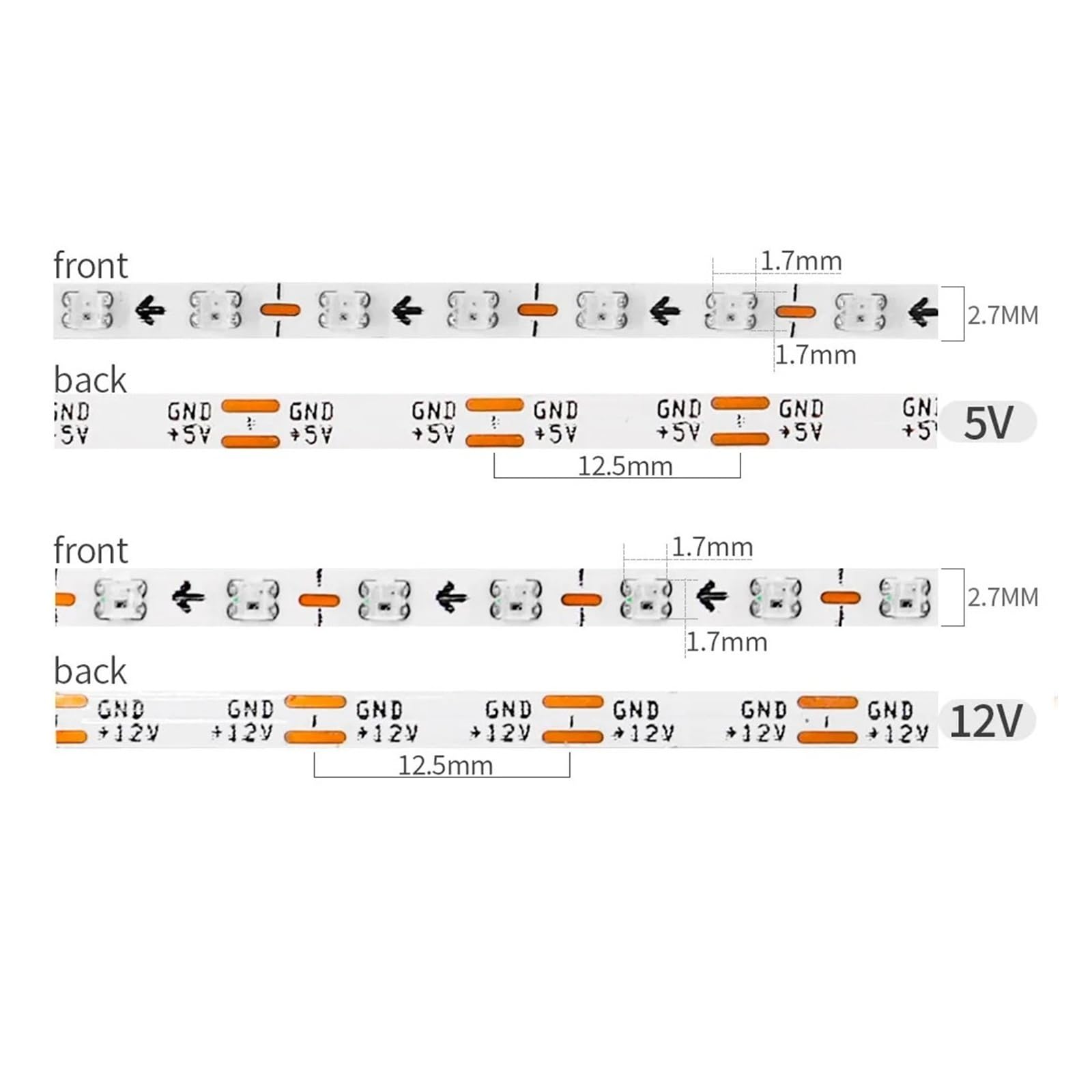Tira de LED ultra estrecha WS2812B de 2,7 mm, 2020 SMD 160 LED/M Cinta de luz RGBIC direccionable individualmente DC5V 12V(DC5V,4m)