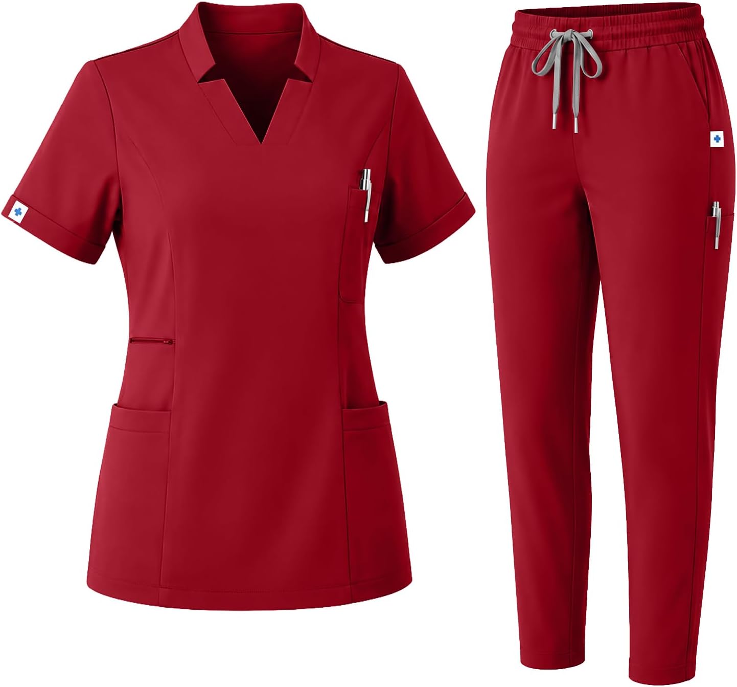 Scrubs for Women Set, V-Neck Top & Stretch Tapered Pants, 9 Pockets