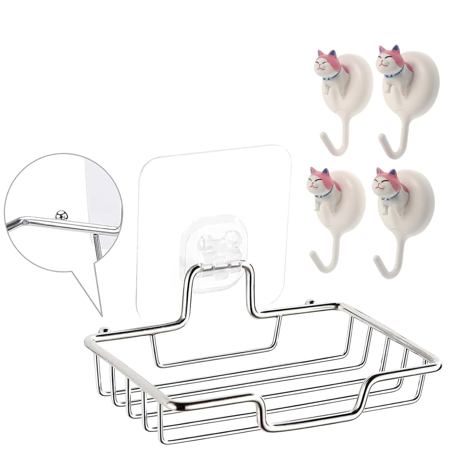 Stainless Steel Soap Holder and 4 Cute Cat Head Hooks - Bathroom & Home Organization Essentials (Stainless Steel soap Rack and 4 Hook)
