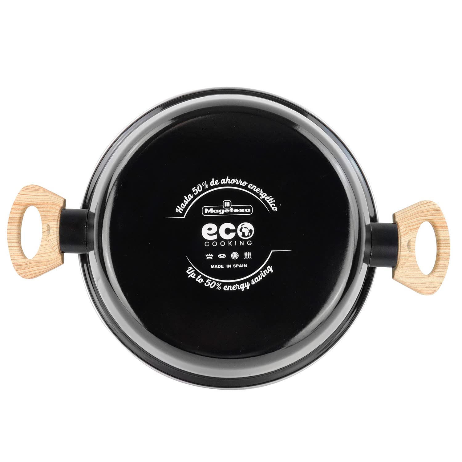 Magefesa Orbe Batería Cocina Inducción 6 Piezas, Antiadherente Libre PFOA Esmalte Exterior Negro, Set Cazuelas Tapa Vidrio, Sartenes, Herrajes Efecto Madera, Diseño Moderno
