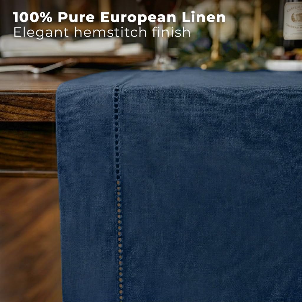 Signature Linen™ by D'Moksha Navy Blue Table Runner 144 Inches Long, 100% Pure Linen, Hemstitch, Extra Long Table Runner, 14 x 144 Inch for Dining- Mothers Day, Spring, Summer, Memorial Day