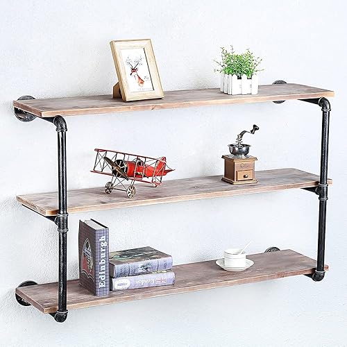 Miniatura 6 de OLDRAINBOW Estantes flotantes para estanterías industriales de pared, estantes de tubería con estante de madera, estante flotante de metal montado