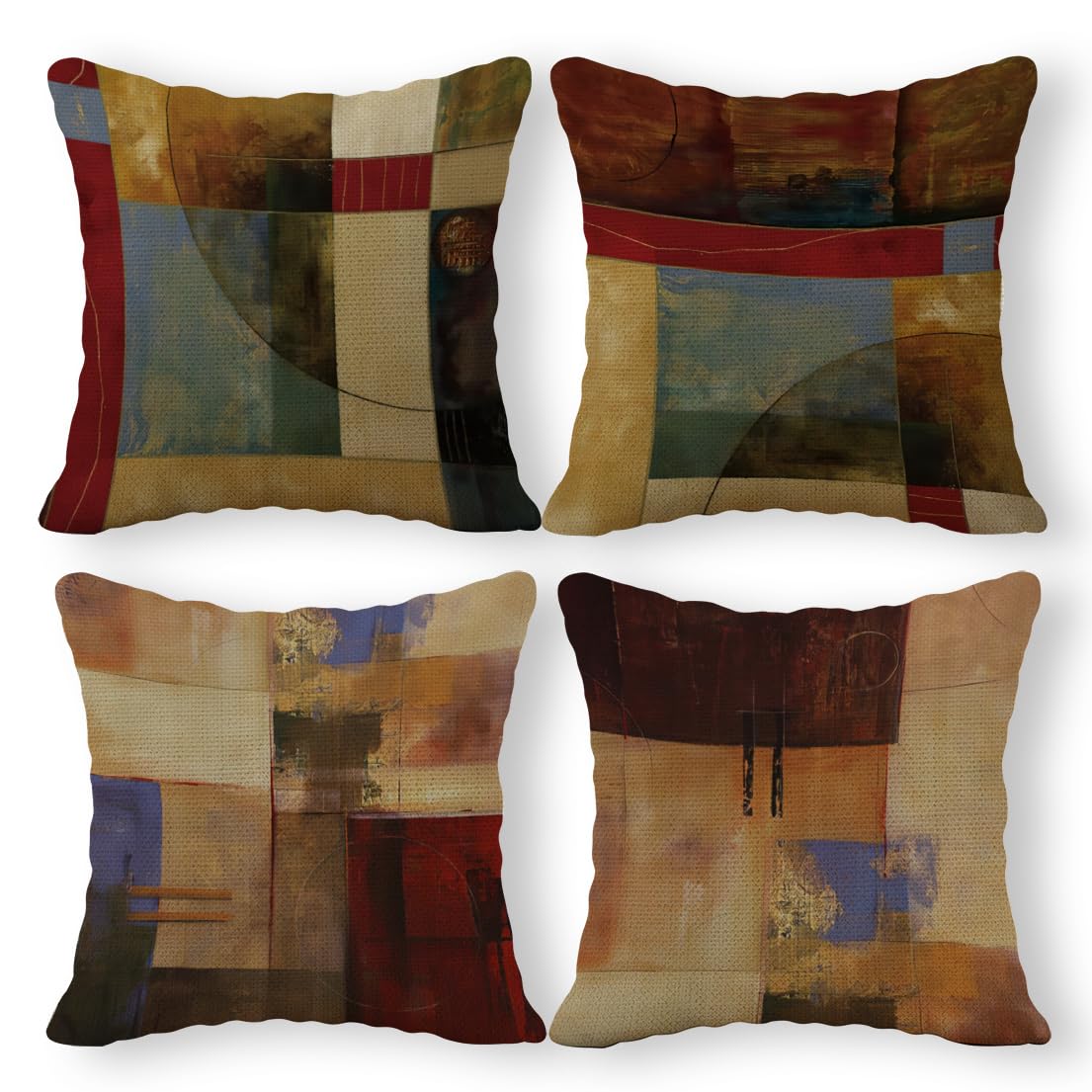 Vintage Geometric Decor Linen Throw Pillow Case, 18 x 18 Inch Set of 4, New Living Room Decor, Housewarming Gift, Modern Decor, Mid-Century Modern Style Cushion Cover for Sofa Couch Bed