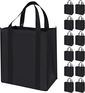 12 Pack Heavy Duty Reusable Grocery Bags - Large Shopping Totes Reinforced Handles, Holds 40 lbs, Foldable and Washable Black
