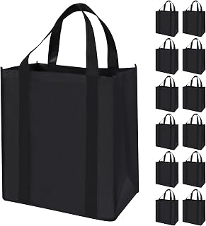12 Pack Heavy Duty Reusable Grocery Bags - Large Shopping Totes Reinforced Handles, Holds 40 lbs, Foldable and Washable (Black)