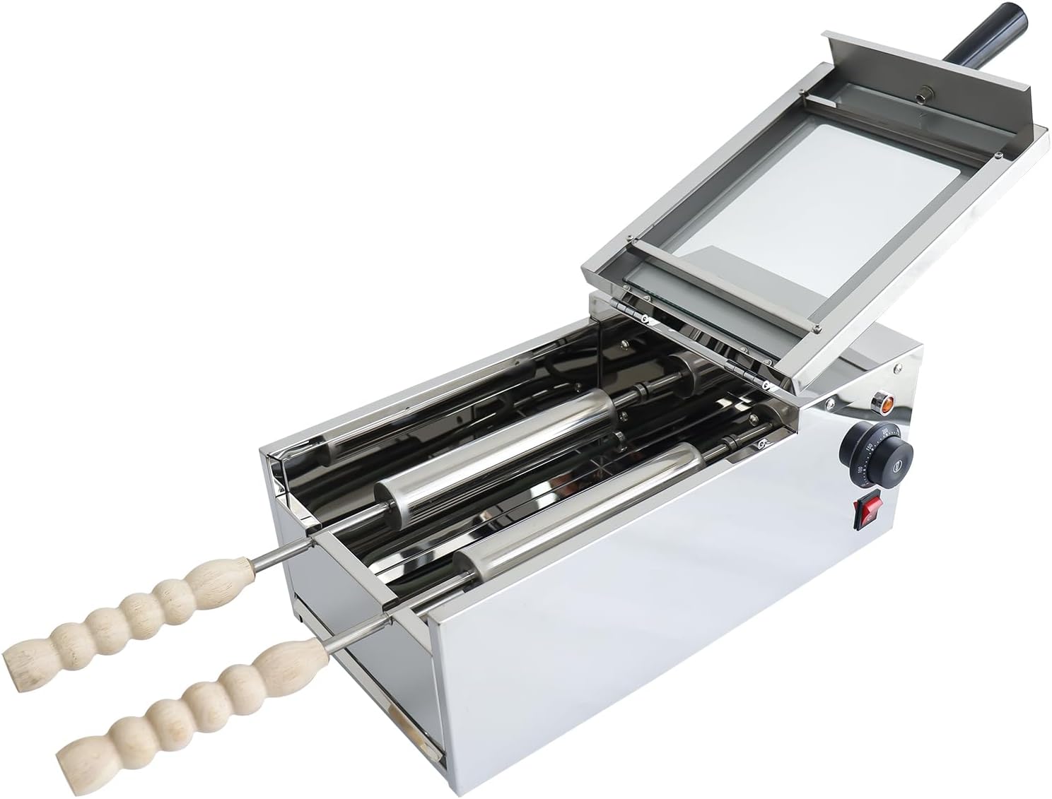 Chimney Cake Maker Machine, 2 Cones Simultaneously with Adjustable Temperature(50-300°C), Chimney Bread Roll Grill with Transparent Window & Detachable Crumb Tray, for Home Commercial Ice Cream Cone
