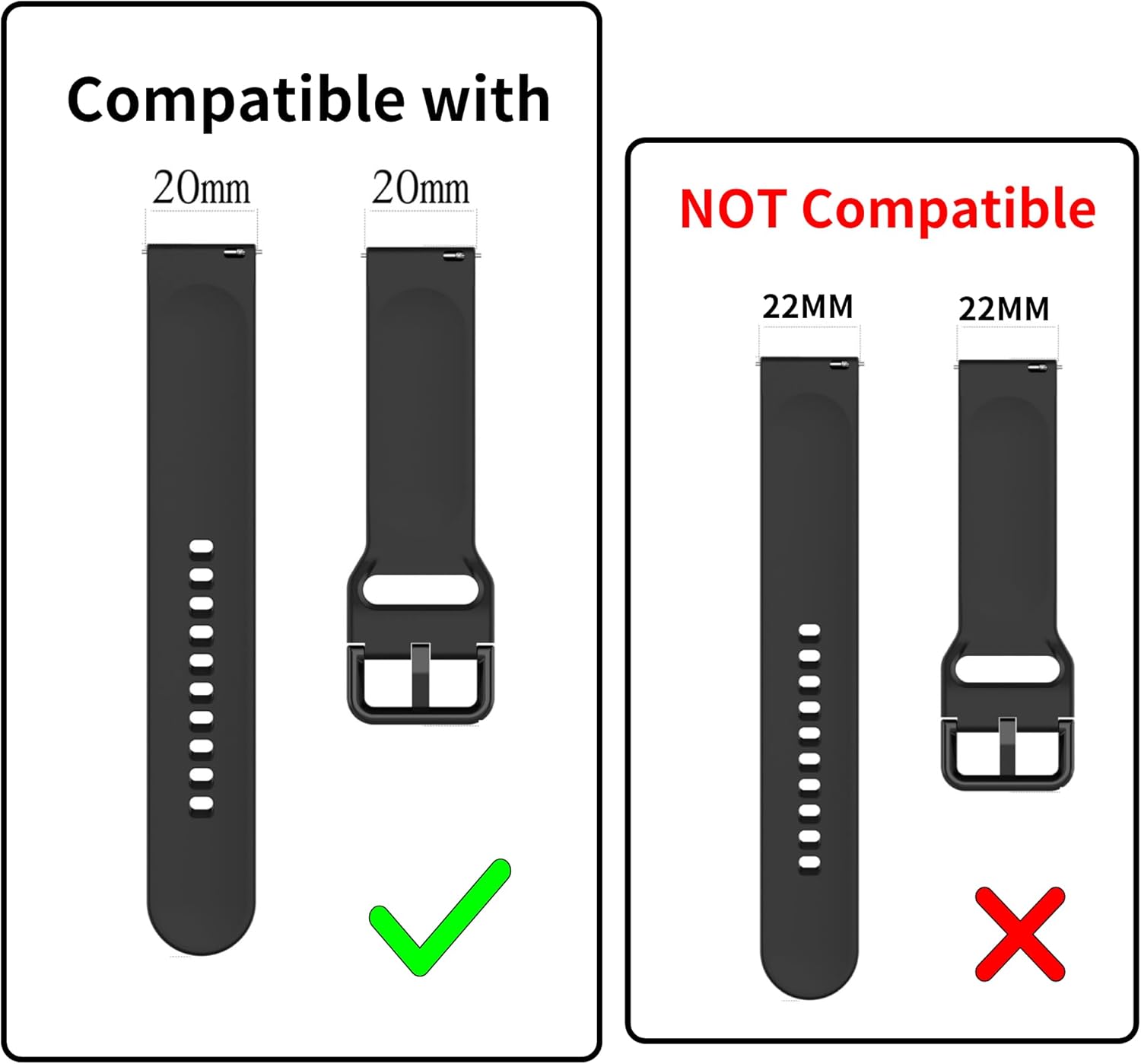 Image showing compatible 20mm watch bands and incompatible 22mm watch bands.