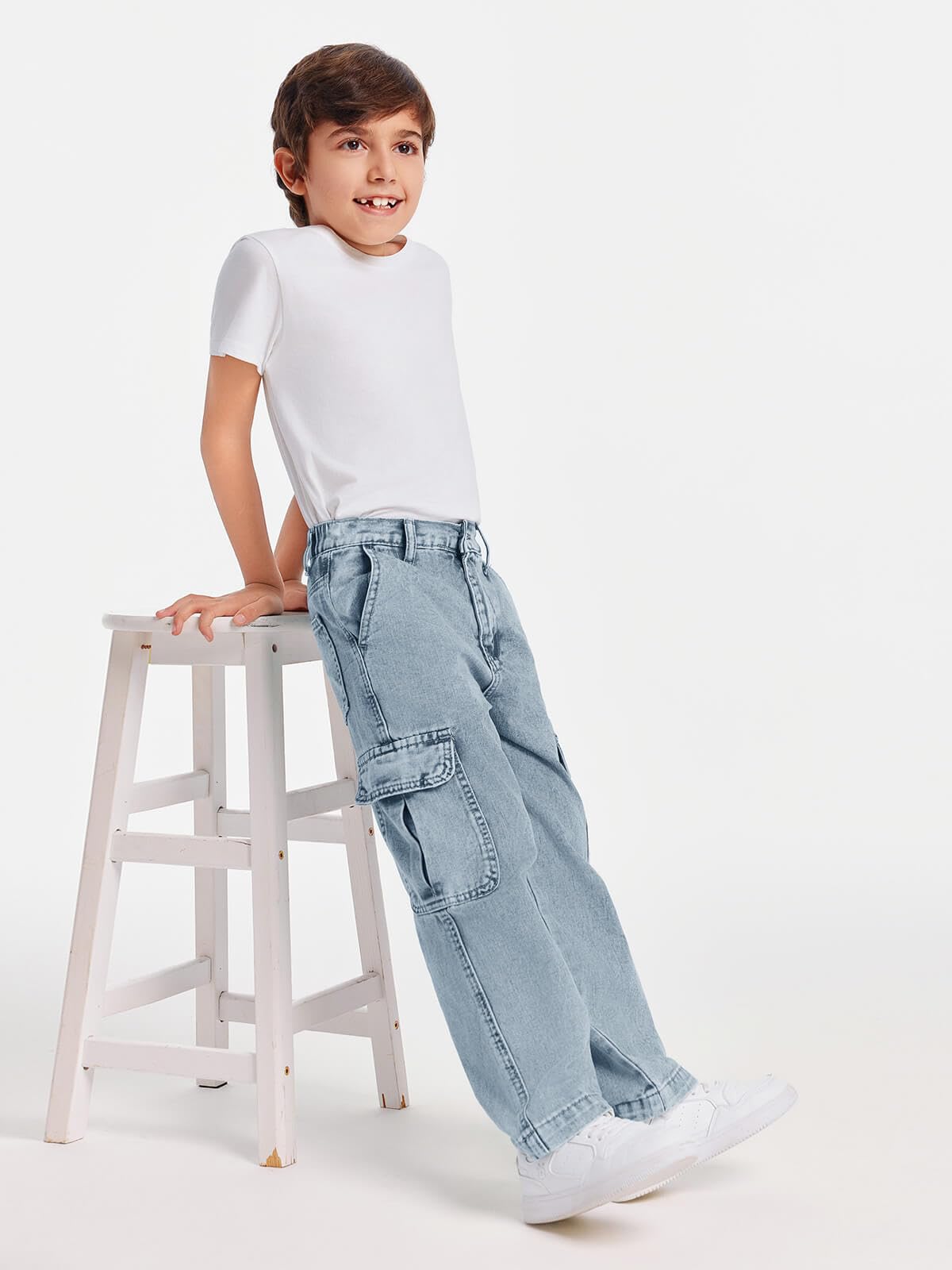 Haloumoning Pantaloni cargo larghi da ragazzo con elastico in vita jeans a gamba larga casual con tasche 5-14 anni