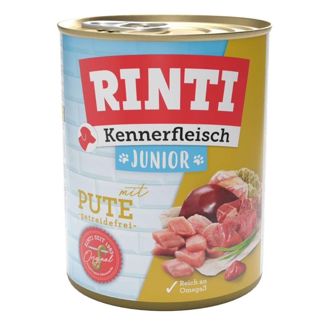 RINTI - Kennerfleisch Junior | mokra karma z 70% mięsem dla psów rosnących. Kompletna karma bez zbóż w puszce, bez soi, barwników i konserwantów | 12 x 800 g indyka