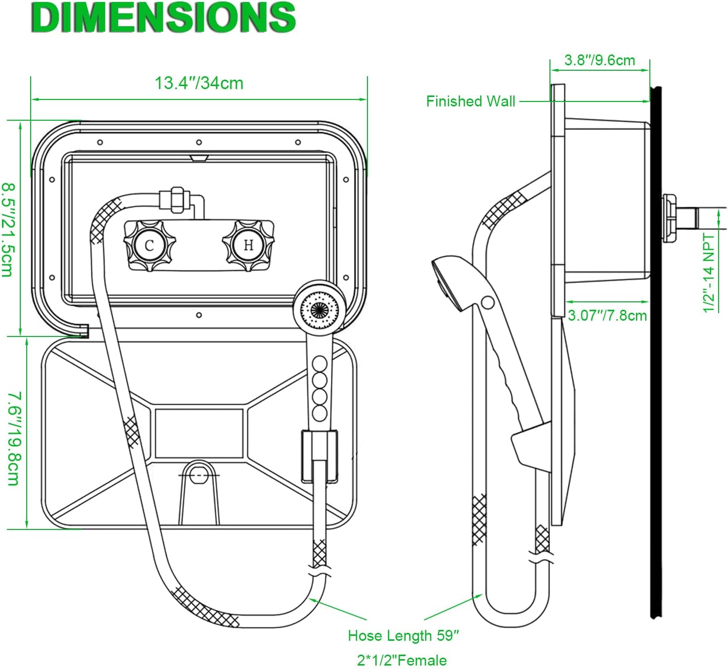 RV Exterior Shower Enclosure Box Kit Lockable System with 2.5 GPM Shower Head and 59-Inch Length Rustproof Hose Portable Outdoor Faucet Replacement for Camper Van Motorhome Trailer(White)