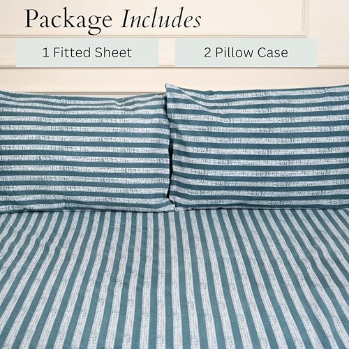 Image of Amazon Brand - Umi Cotton Fitted Bedsheet, Queen Size 78x60 Inches, Elastic Fit Bed Sheet, 10 Inch Deep Pocket, Soft Breathable Bedding, Durable Easy Care, with Pillow Cover-Aqua Stripe