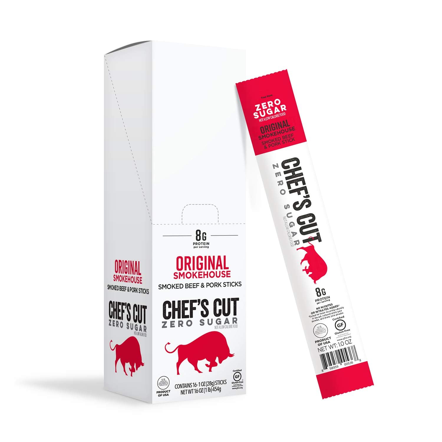Chef's Cut Zero Sugar Beef and Pork Snack Sticks, Original Smokehouse, High Protein Keto Meat Snack, Individually Wrapped, 8g Protein and 100 Calories - 1 Ounce (Pack of 16)