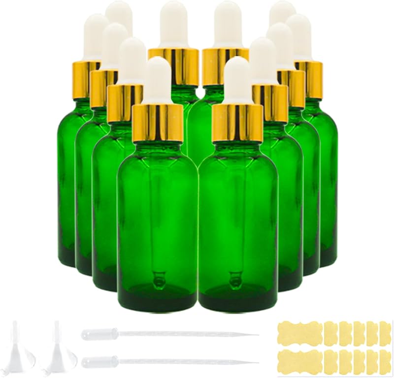 Frascos conta-gotas de vidro verde AGZHTYJQ 30 mL com pipetas, pacote com 12 e 2 conta-gotas plásticos