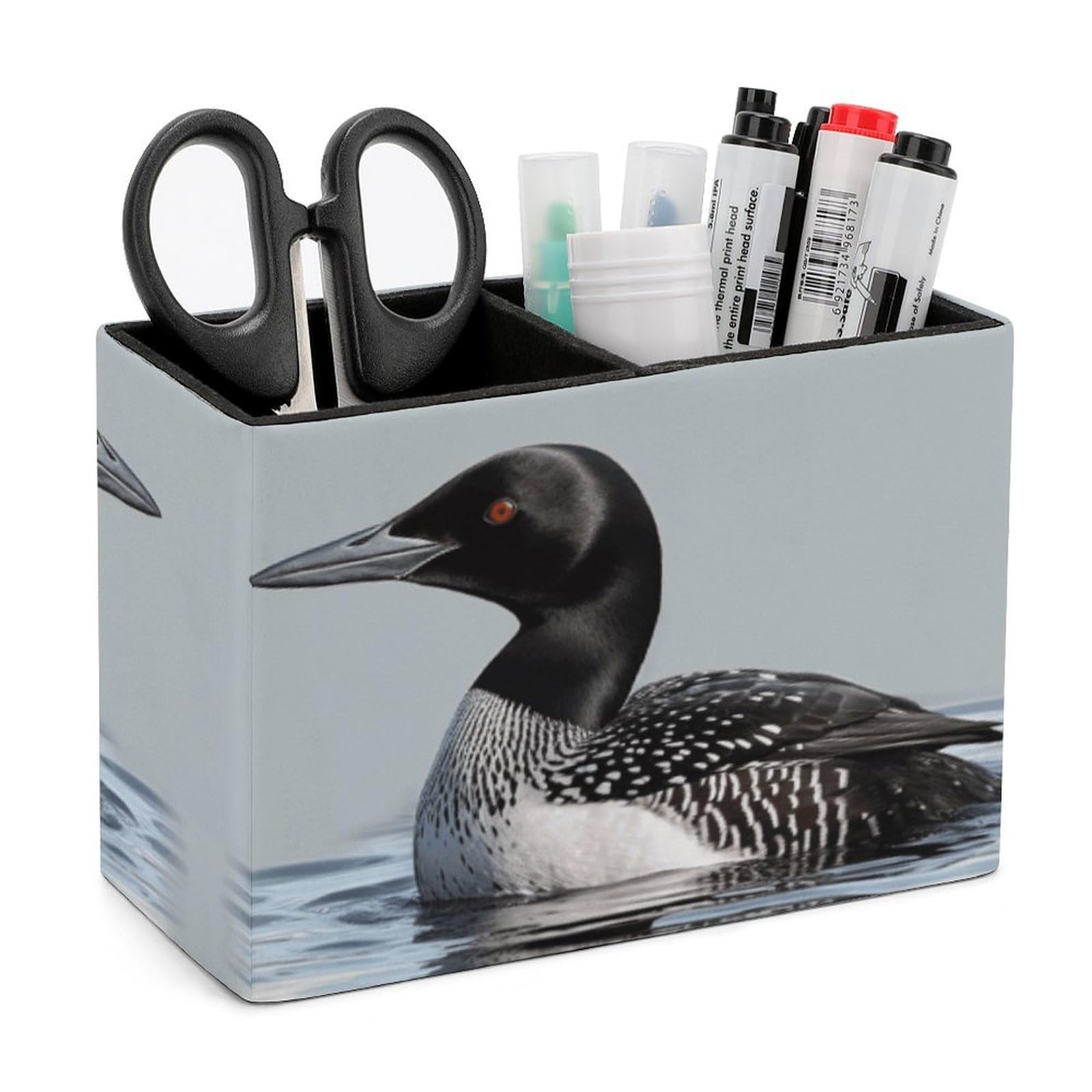 LZQPOEAS Exquisite Patterns PU Leather Pen Holder, Multifunctional Desktop Organizer Caddy with 2 Compartments, Loon Nature Bird Pencil Cup Makeup Brush Holder for Office Home