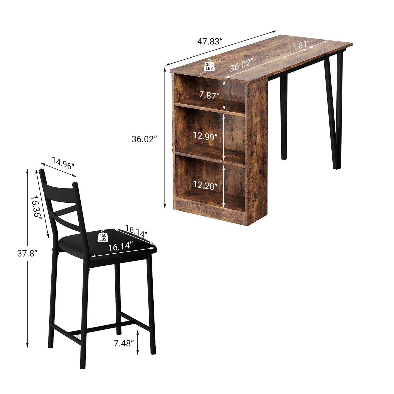 GarveeHome Zestaw 3 składanych stołów barowych + 2 stołki + 3 półki - autentyczny styl industrialny (szczotkowana stal i drewno sprężynowe) - kompaktowa grubość 8 cm po złożeniu - do otwartej kuchni i