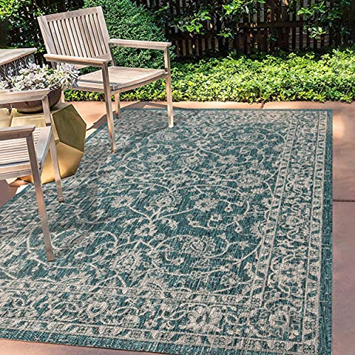 Image of JONATHAN Y Vine and Border Indoor Outdoor Area Rug 9X12 Teal /Gray, Palazzo Textured Weave for Backyard, Patio, Porch, Easy-Cleaning, High Traffic, Pet-Friendly, Non-Shedding (SMB103B-9)