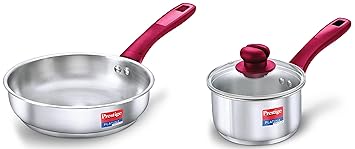 Prestige Platina Popular Gas and Induction Compatible Fry Pan, 240 mm & Prestige Platina Popular Gas and Induction Compatible Sauce Pan with Glass Lid, 140 mm