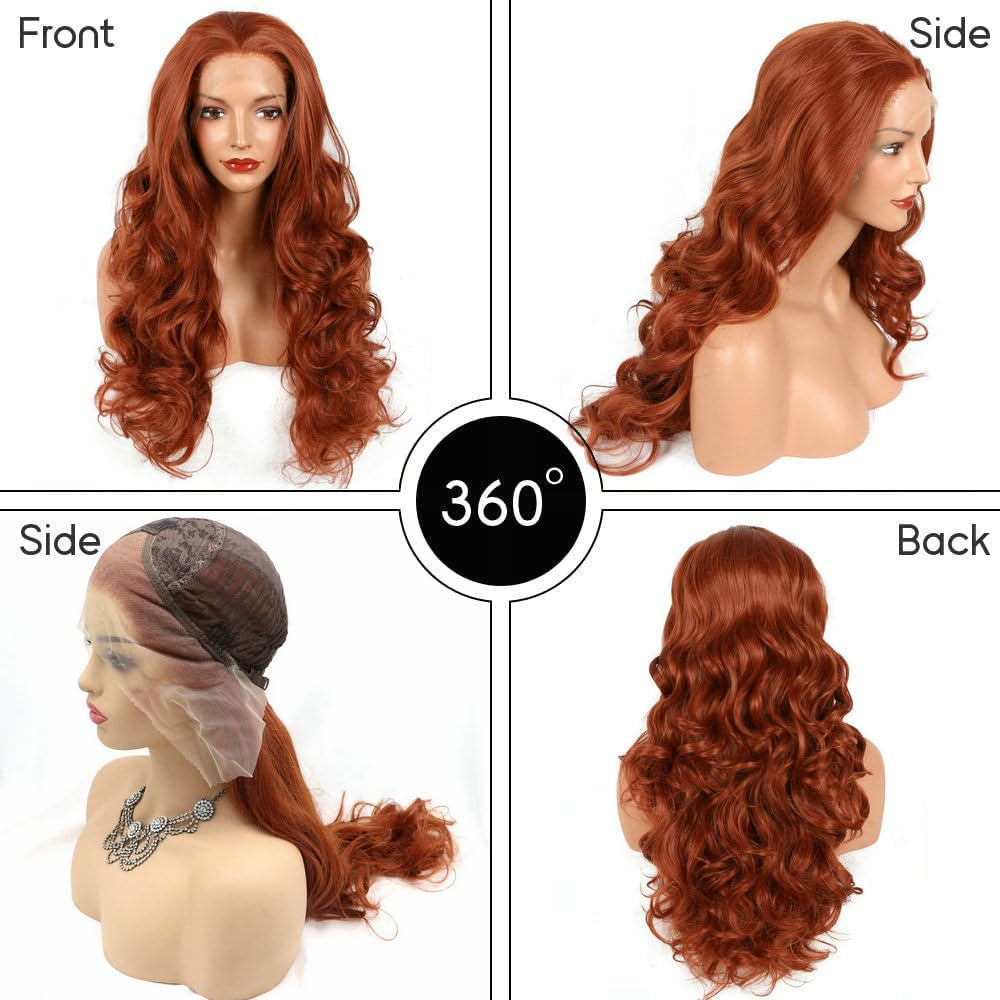 Pre Plucked Hairline Dark Ginger Orange Color Synthetic Lace Front Wigs for Women 350# Copper Red Long Body Wave Curly Wigs 3x13inch Hand Tied Part Lace Closure Wigs Daily Use Cosplay Drag Queen