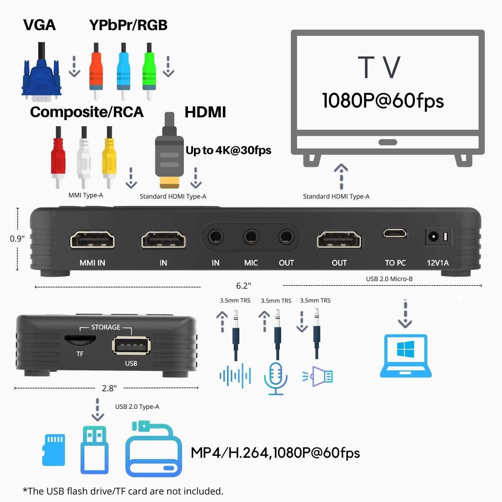 ClonerAlliance Box Pro Pocket Enregistreur vidéo portable 1080p60fps convertisseur écran intégré batterie HDMI RCA YPbPr VGA
