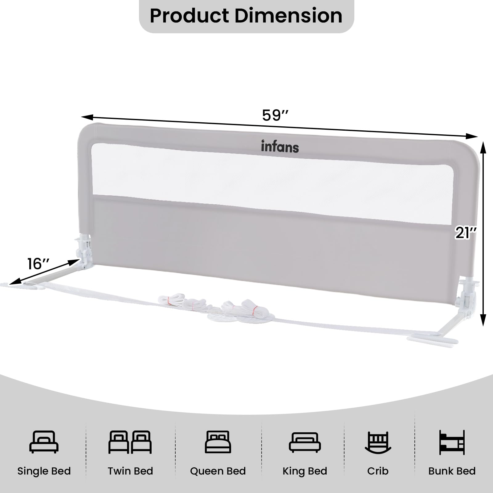 INFANS Bettgitter für Kleinkinder, 150 cm, faltbares Sicherheitsgitter für Babybett, extra lang, schwenkbar, Bettschutzgitter für Cabrio, Queen-Size-Bett, Matratzenschutz, Hellgrau