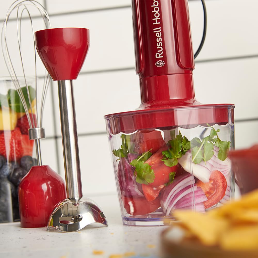 Russell Hobbs Frullatore a Immersione [3 in 1: Frullatore, Frusta e Lame Tritatutto] Desire Rosso (600ml, Parti lavabili in lavastoviglie, Lame acciaio inox, Per frullati, zuppe, salse) 27142-56