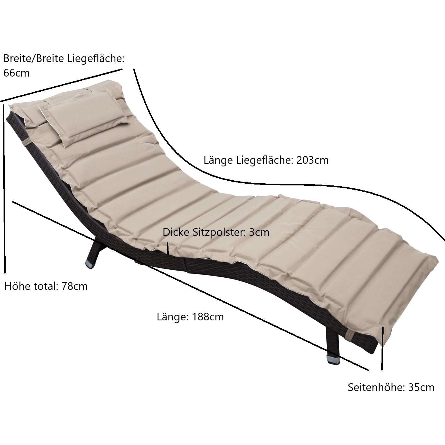 Gartenliege Sonnnliege Piacenza, Polyrattan braun, klappbar, mit Wendeauflage, Outdoor