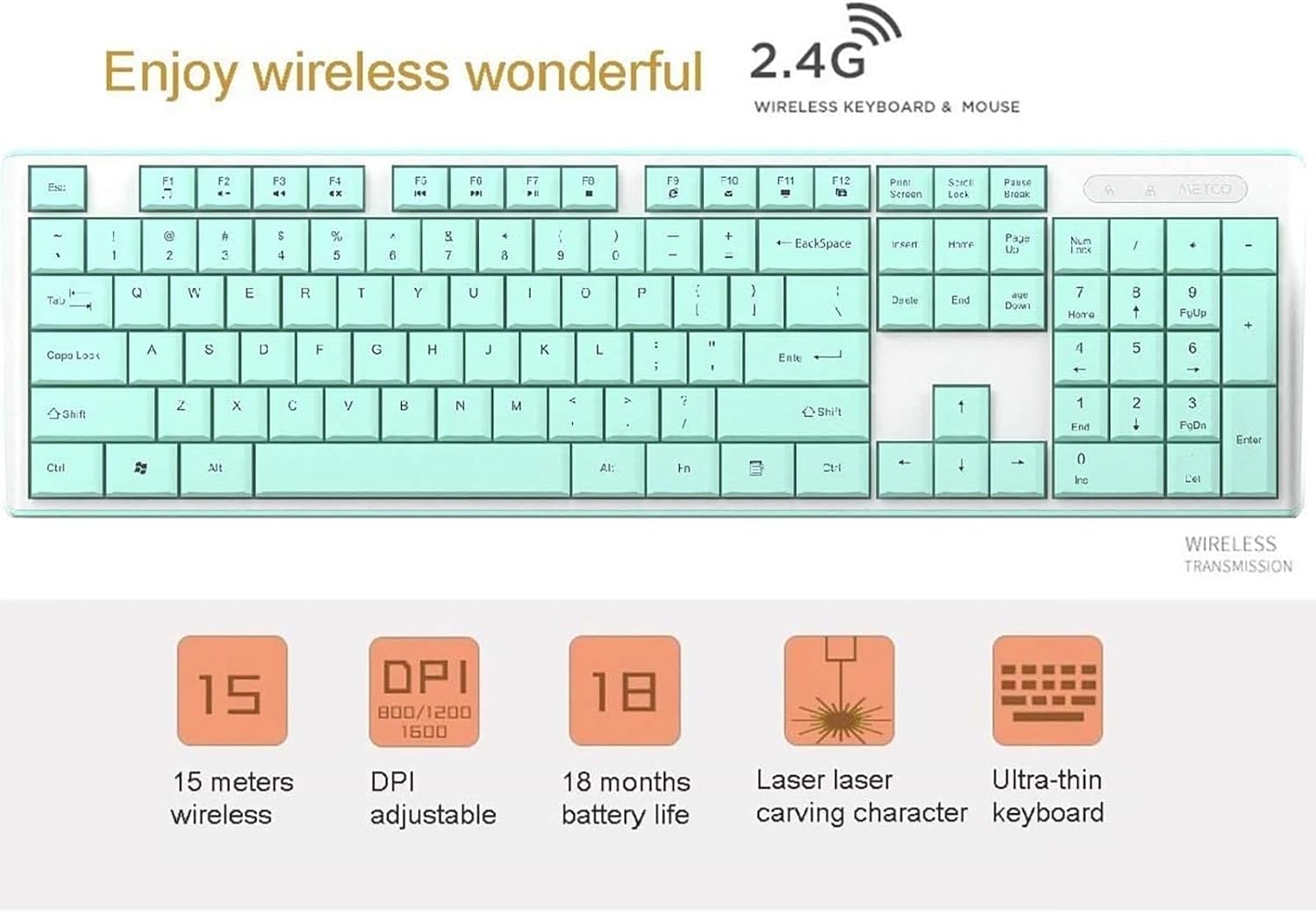 Green Keyboard and Mouse Set, 2.4G USB Wireless Connection Full-Sized Standard Keyboards and Silent Optical Mice for Study Office Use (1)