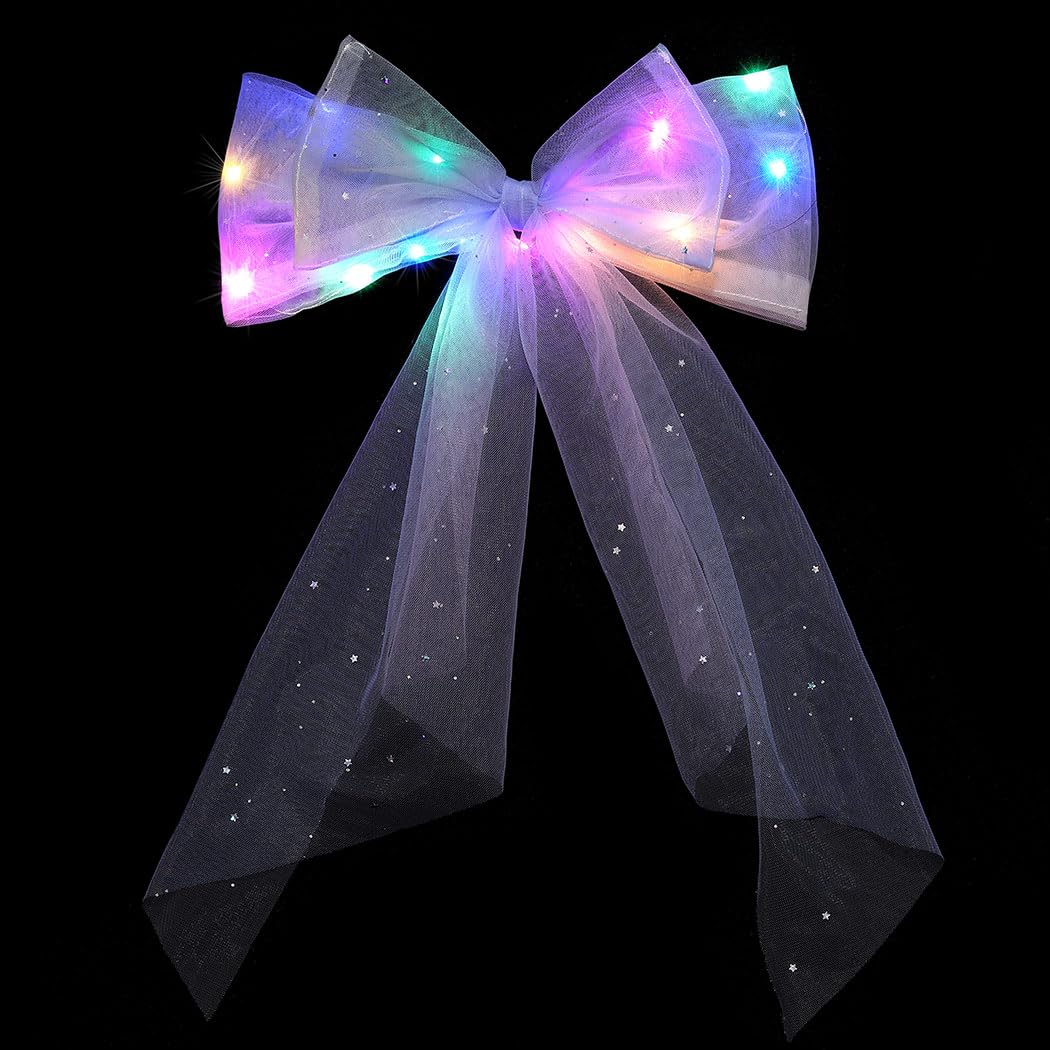 JEAIRTS Light Up Hair Bow Glowing Led Rainbow Tulle Bows for Women (Pack of 2)