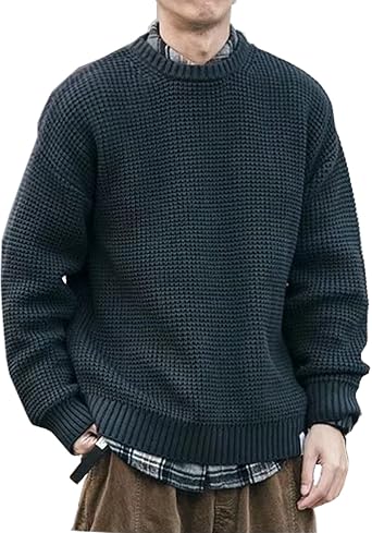 Mens Casual Thick Warm Waffle Knit Fashion Loose Round Neck Long Sleeve Pullover Sweater