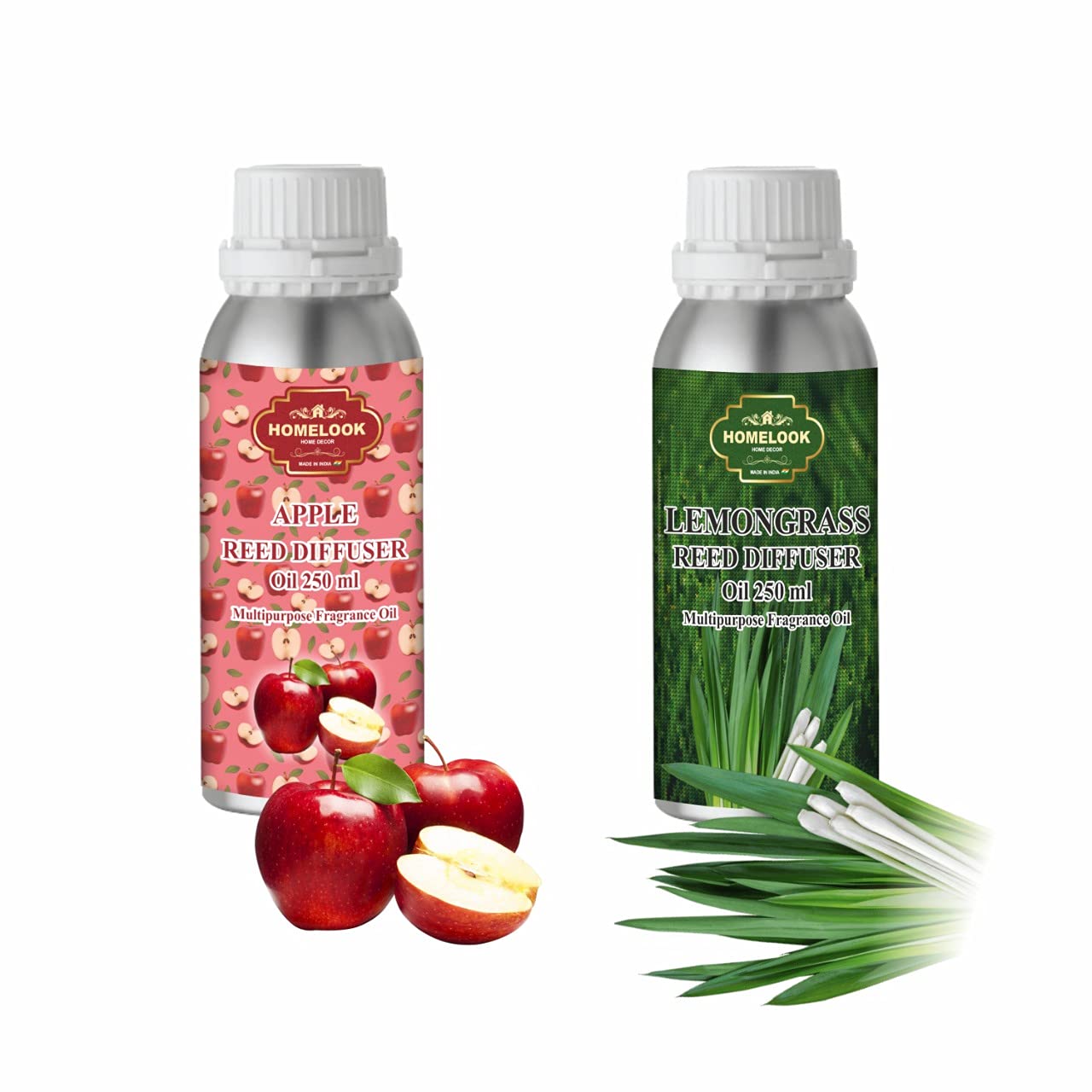 HOMELOOK Reed diffuser refill oil 250ml reed diffuser set of 2 different fragrances,apple cinnamon,lemongrass,in aluminum bottle. pure and fragrant.used:-made in India in