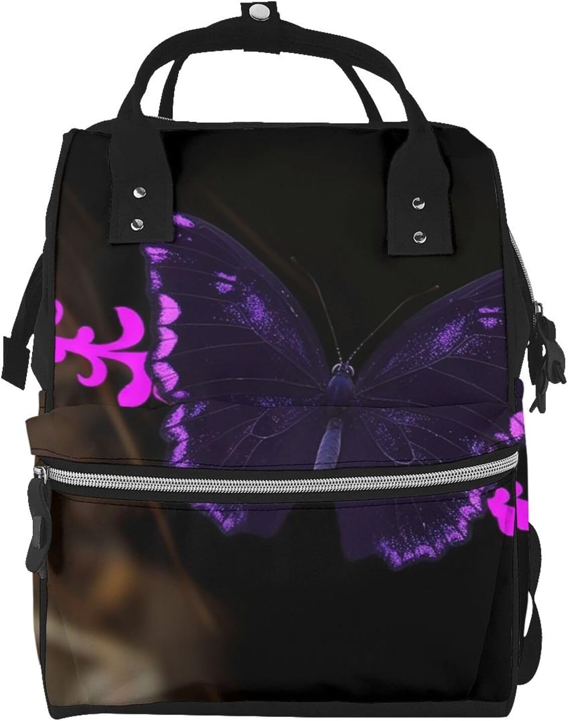 Purple and black butterfly Diaper Bag with Changing Pad, Pacifier Holder - Multifunction Travel Nappy Bags Large Capacity Laptop Backpack Waterproof Mommy Bag Casual Daypack for Mom