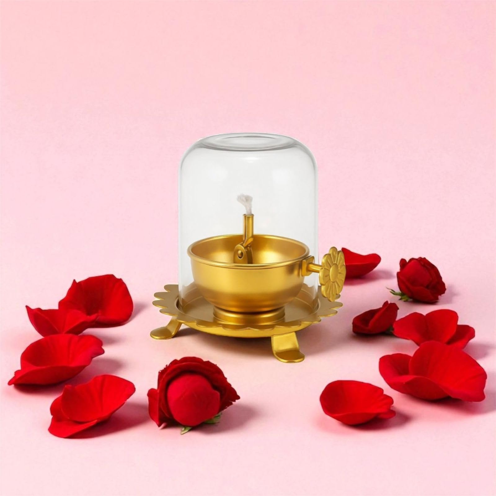 - Metals Brass coting Akhand Diya with Adjustable Bati Knob, Wick Lifting Screw Lever with Glass Cover, 75ml Burns Up to 18 Hours for Long Lasting Pooja (Small)