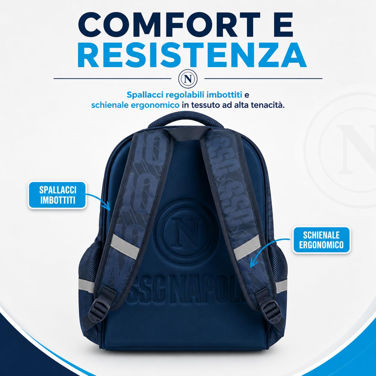 Colourbook Zaino Scuola Napoli Pallone Omaggio (Blu) | Quattro scomparti zip, Tasca interna computer, Spallacci imbottiti regolabili, Tessuto alta resistenza, Calcio originale