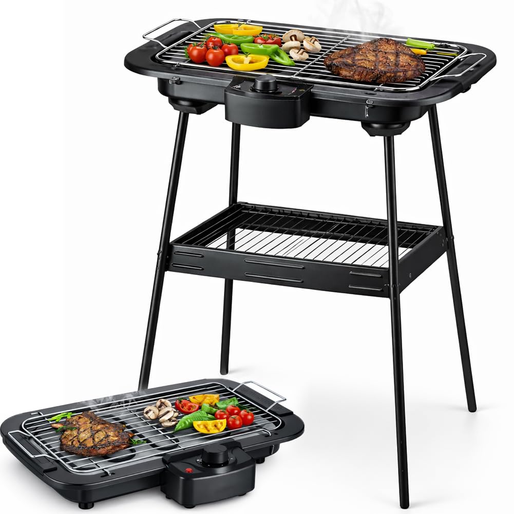 BAKAJI Barbecue Elettrico 2 in 1 2000W di Potenza, Grill da Tavolo e Stand Piedistallo, BBQ Facile da Usare con Manopola per Controllo della Temperatura e Griglia Removibile, Ideale Esterni ed Interni