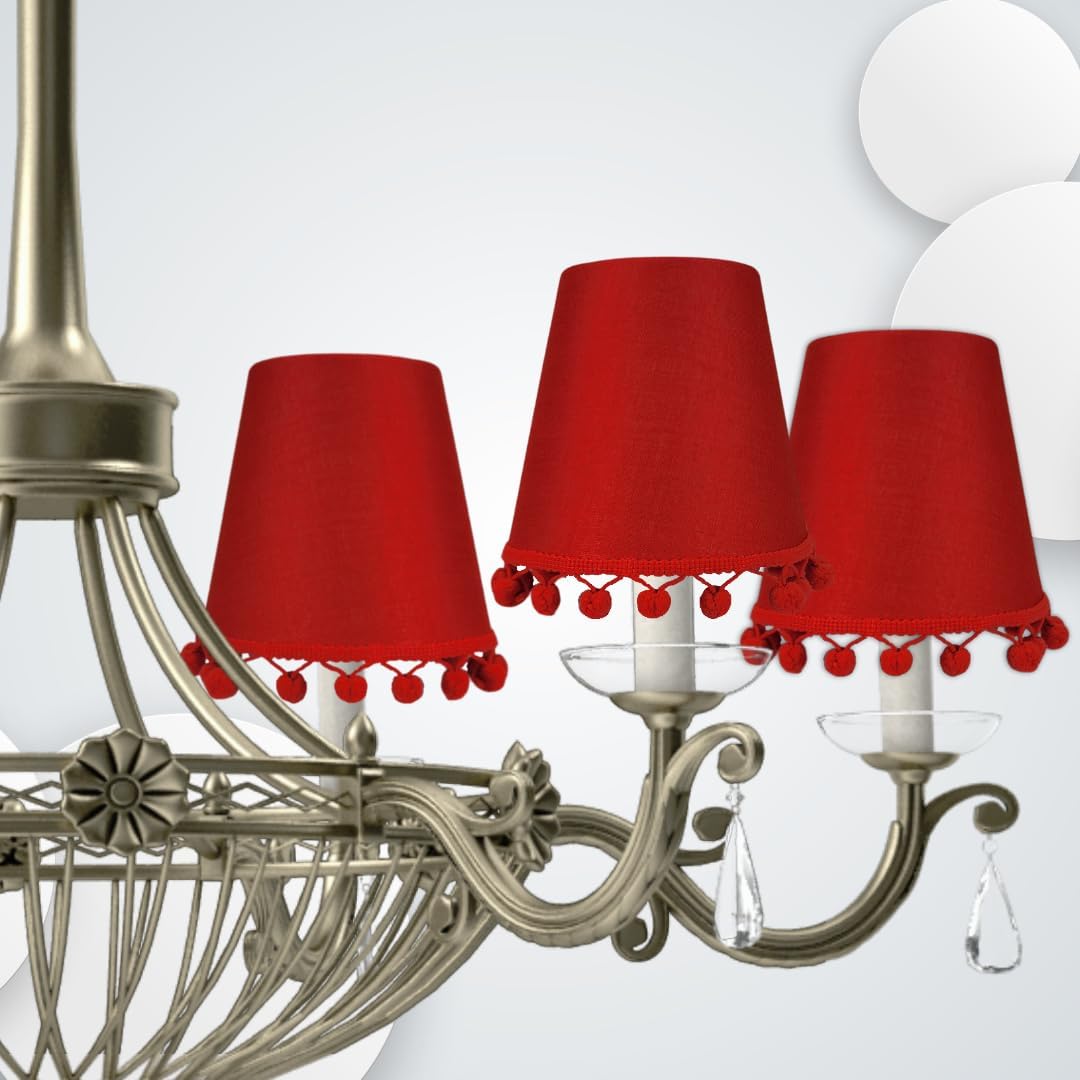 Royal Designs, Inc. CS-1135-5RED PomPom Trim Chandelier Shade, 3 x 5 x 4.5, Red