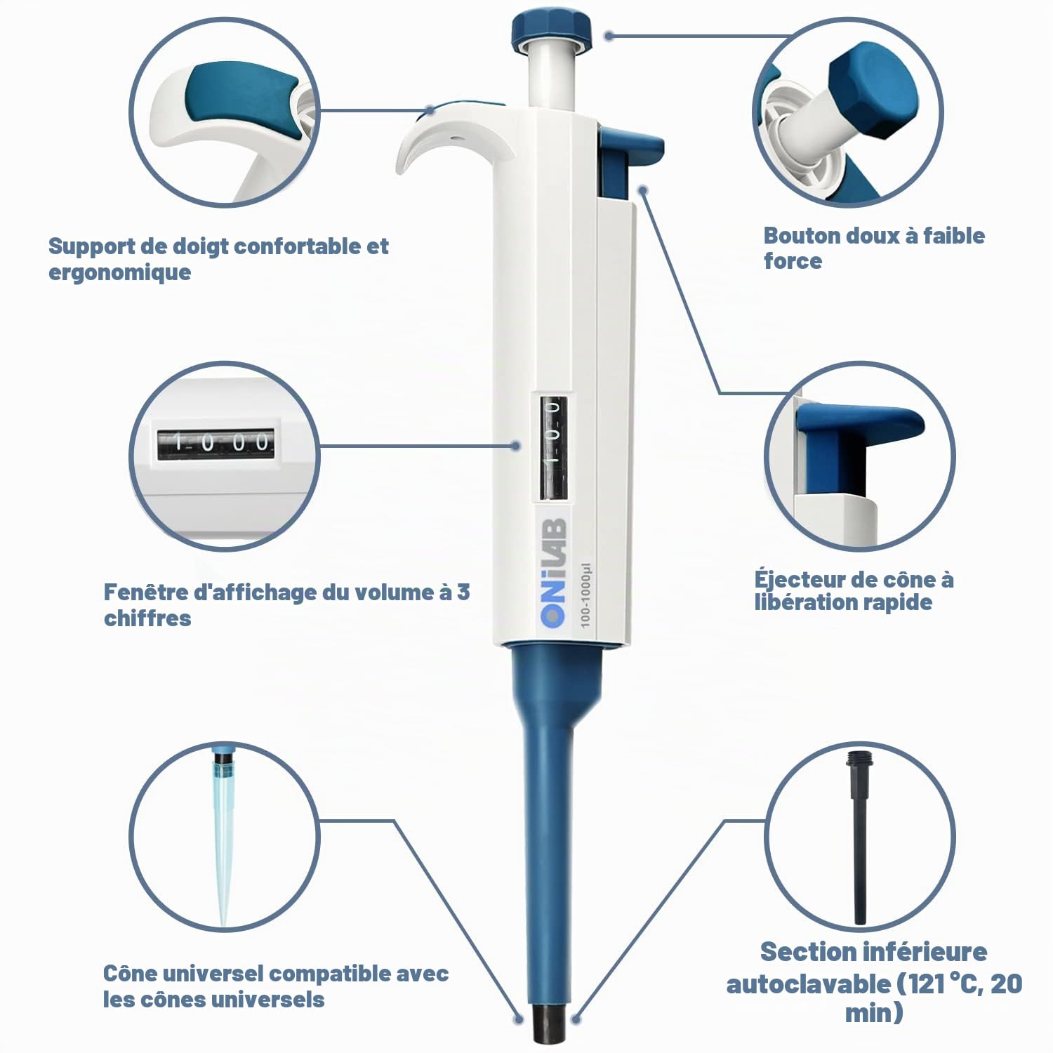 ONiLAB Micropipette de laboratoire, volume réglable, pipettes à canal unique, 10-100 uls