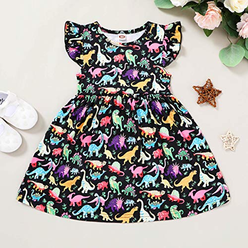 Happy Town Kids Baby Girls Dinosaur Dress Clothes Fly Ruffle Sleeve Dinosaur Tutu Skirt Sundress Summer Casual Dress (Black, 5-6 Years) #TOP2