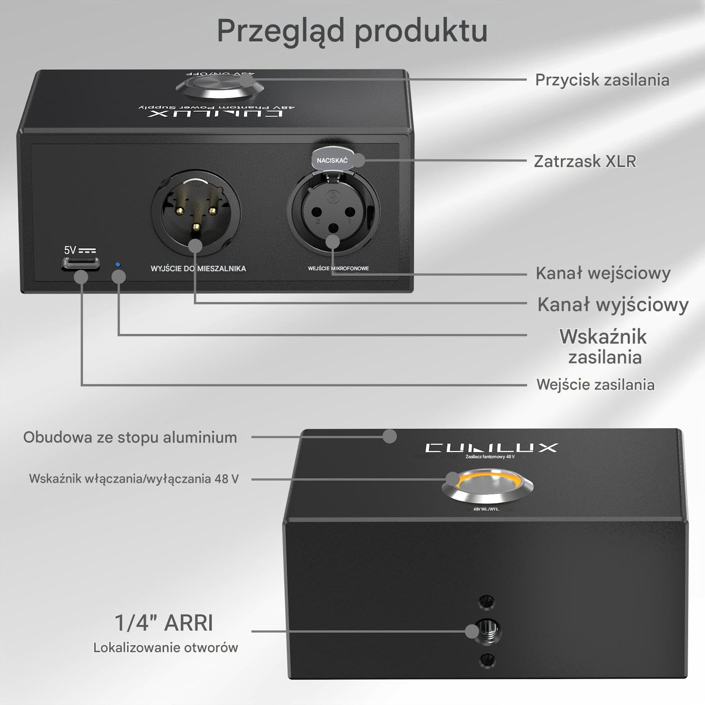 Cubilux MPX-1 Zasilanie Phantomowe 48V Z Kablem Zasilania USB C Przenośne Zasilanie Z Całkowitym Stopem Aluminium Z Portami Wejścia Wyjścia XLR I Otworem Montażowym Arri Locating 1/4 Cala Dla Mikrofon