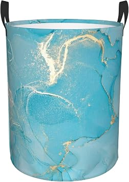 Blue Teal Turquoise Gold Marble Round Laundry Hamper Storage Basket Toys Clothes Organizer Bin For Home Bathroom Bedroom Dorm Nursery, 38l