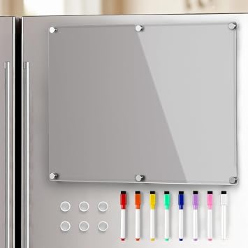 Acrylic Magnetic Whiteboard for Fridge, Clear Dry Erase Memo Board for Refrigerator with 8 Markers, Magnetic Planning Menu Board for to Do List/Shopping List, Meal Planner for Kitchen, 14.5 * 11.5