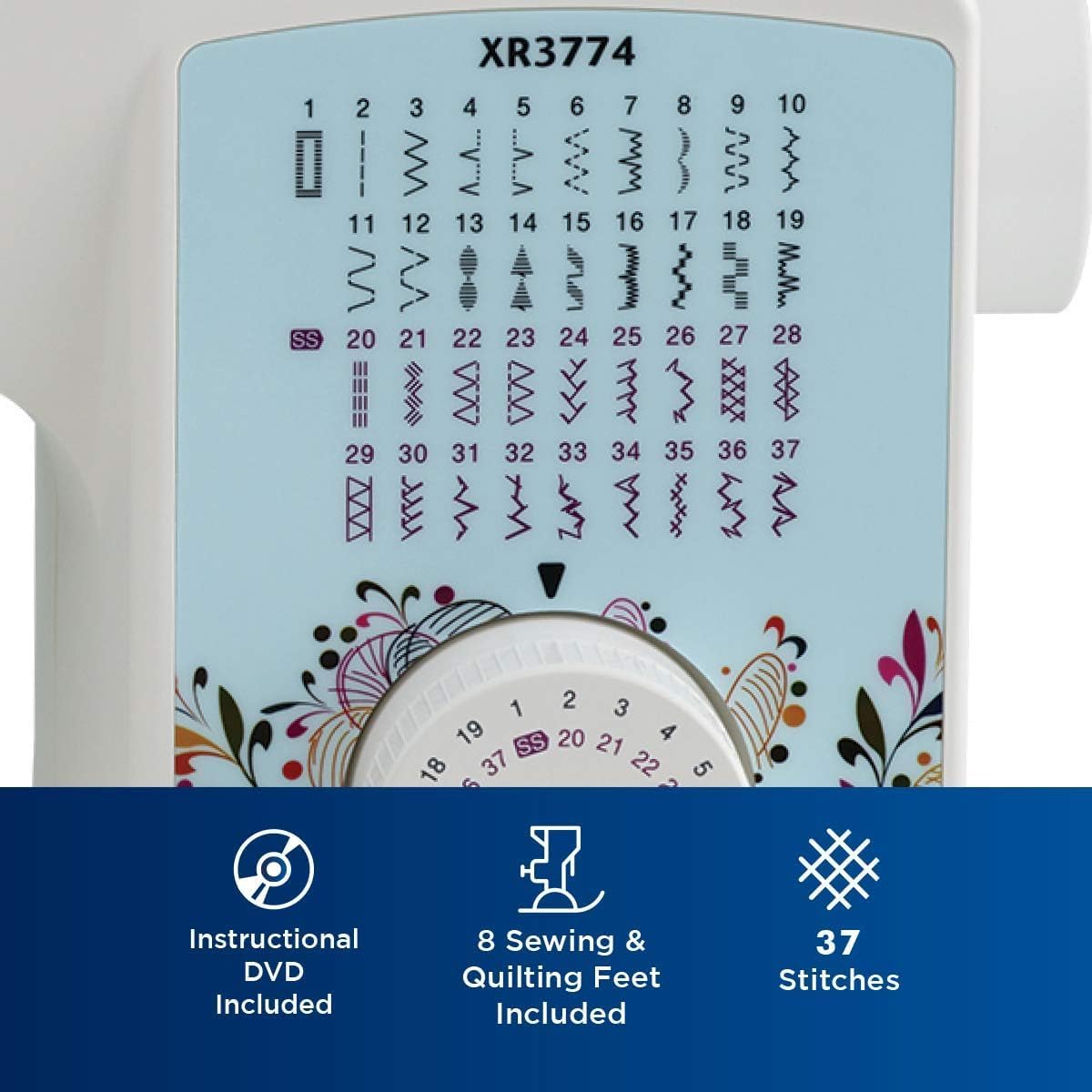 Brother XR3774 Wide Table Sewing and Quilting Machine Bundle with Multipurpose Sewing Clips, Stabilizer Roll and 2 x 12 Color Sewing Thread Kit (5 items)
