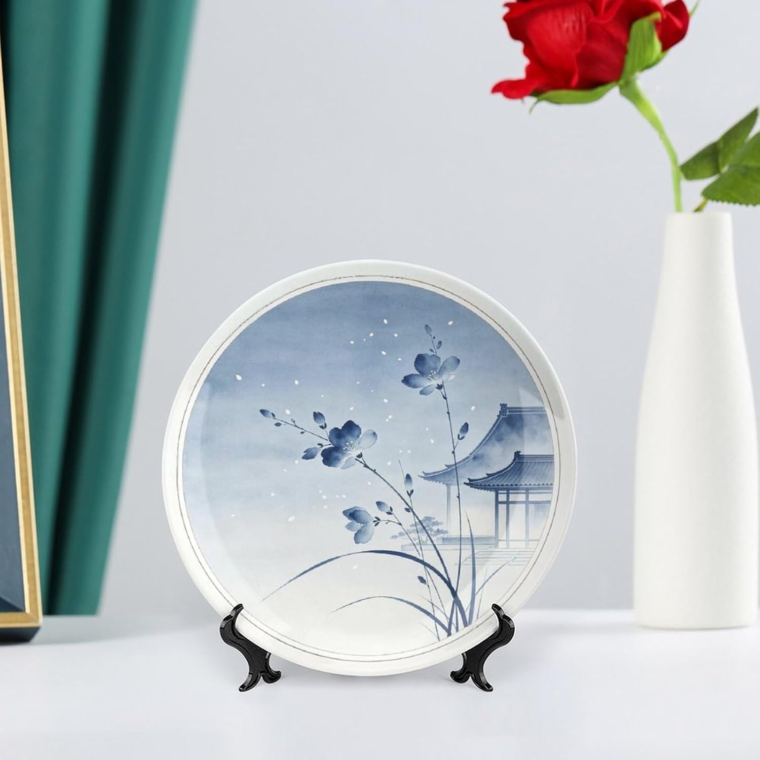 Blue White Porcelain Hanging Plate, Branches Reaching Distant Pavilion on Pure White for Elegant Hallway Bone China Decorative Plate, 7inch Wall Art Home Decor