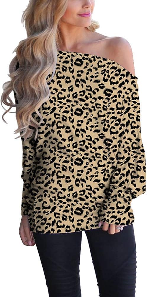 Lacozy Women's Leopard Print Off Shoulder Tops Casual Batwing Sleeve Oversized Shirts Pullover Sweater Blouse Coffee Leopard Print Small