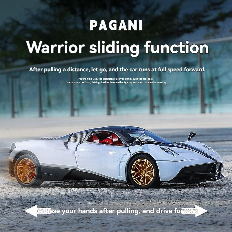 Image of Pagani Huayra 1:32 Die-Cast Metal Toy Car | Alloy Pull Back Sports Model with Openable Doors, Light & Music | Miniature Car Toy for Kids & Boys | Best Gift for Car Lovers | Colour as Per Stock
