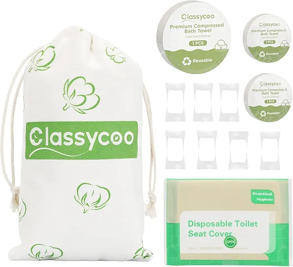 Travel Cleaning Kit for Hotel Disposable Compressed Towel(1 Bath Towelettes+ 2 Cleaning Towels+ 7 Face Cloths+1 Storage Bag+Toilet Seat Cover Papers) Toiletries Hygiene-Set, Portable Vacation Camping