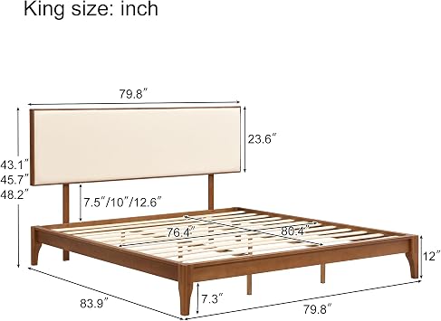 Wood Platform Bed with Upholstered Adjustable Headboard, 12 Inch Solid Dry Bamboo Bed Frame, with Wood Slat Support, No Box Spring Needed, Easy Assembly, King Size, Brown+Beige
