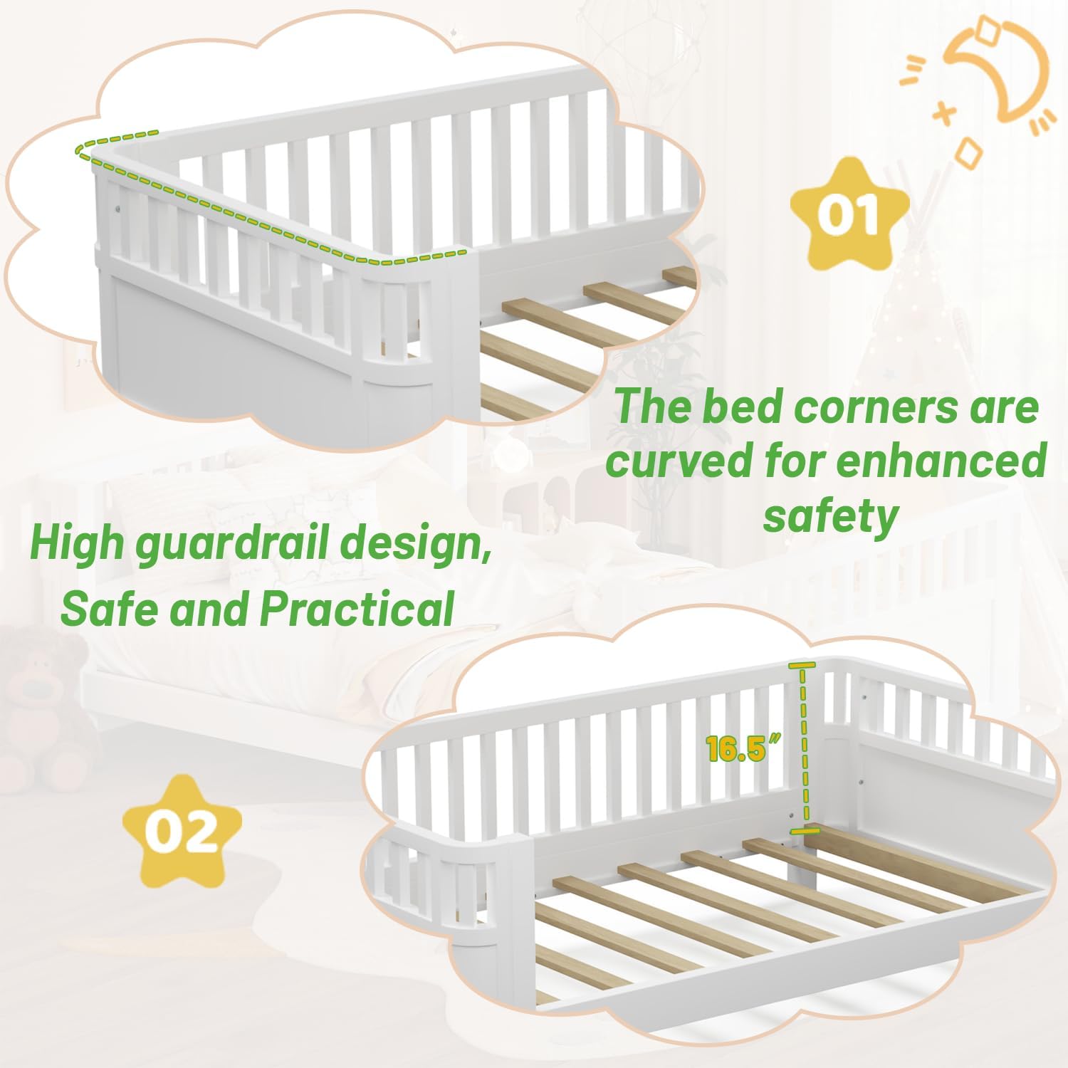Kids Queen Bed Frame, Low Profile Montessori Bed Queen with Removable Rails, Queen Size Kids Bed Frame for Girls & Boys, No Spring Box Required, No Squeaks, White